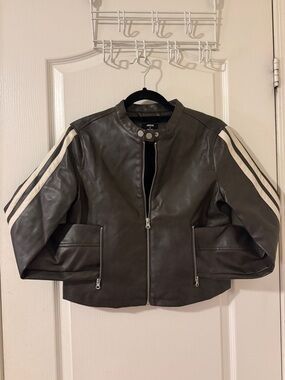 Ardene Brown Leather Jacket with White Stripe Sleeves